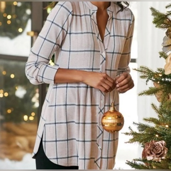 Soft Surroundings pleated pink/grey plaid button down womans quiet luxury top M - Picture 1 of 8
